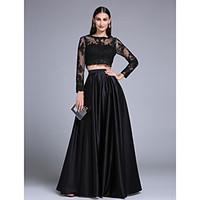 TS Couture Prom Formal Evening Dress - Two Pieces A-line Jewel Floor-length Lace Stretch Satin with Appliques