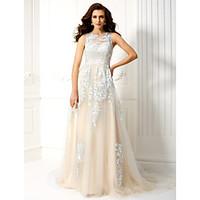 TS Couture Prom Formal Evening Dress - See Through A-line Jewel Court Train Tulle with Appliques