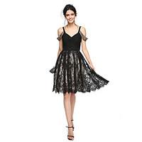 TS Couture Cocktail Party Prom Dress - Little Black Dress A-line Straps Knee-length Chiffon Lace with Beading Criss Cross Ruching