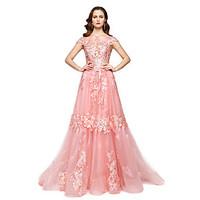 TS Couture Formal Evening Dress - Elegant Celebrity Style A-line Off-the-shoulder Floor-length Lace Organza with Lace Pleats