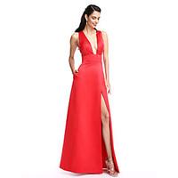 TS Couture Prom Formal Evening Dress - Furcal A-line V-neck Floor-length Satin with Pockets Split Front