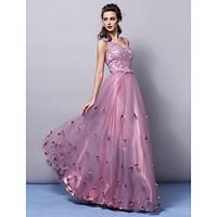 TS Couture Formal Evening Dress - Open Back A-line Princess V-neck Floor-length Tulle with Appliques Flower(s)