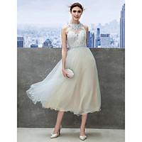 TS Couture Cocktail Party Prom Company Party Dress - Open Back A-line High Neck Tea-length Tulle with Appliques