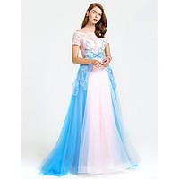 TS Couture Formal Evening Dress - See Through Color Block A-line Off-the-shoulder Cathedral Train Tulle with Beading Sequins