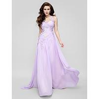 TS Couture Prom Formal Evening Dress - Elegant A-line Jewel Court Train Chiffon Tulle with Appliques Side Draping Ruching