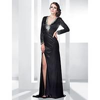 TS Couture Formal Evening Military Ball Dress - Sexy Open Back Sheath / Column V-neck Floor-length Stretch Satin withBeading Crystal