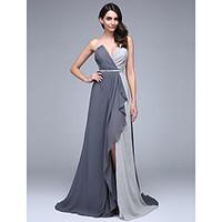 TS Couture Formal Evening Dress - Color Block A-line V-neck Court Train Chiffon with Beading Crystal Detailing Side Draping Criss Cross