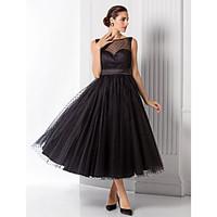 TS Couture Formal Evening Dress - See Through / 1950s Plus Size / Petite A-line / Princess Bateau Tea-length Tulle with Sash / Ribbon