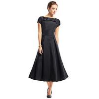 TS Couture Cocktail Party Dress - Little Black Dress A-line Scoop Tea-length Taffeta with Buttons Draping