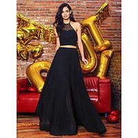 TS Couture Prom Formal Evening Dress - Two Pieces A-line Halter Floor-length Chiffon Lace with Lace