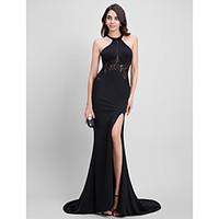 TS Couture Formal Evening Dress - Furcal Trumpet / Mermaid Jewel Sweep / Brush Train Jersey with Lace