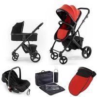Tutti Bambini Riviera Plus Black Frame 3in1 Travel System-Black/Coral Red (Pushchair + Carrycot + Car seat)