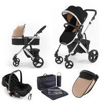 Tutti Bambini Riviera Plus Chrome Frame 3in1 Travel System-Black/Taupe (Pushchair + Carrycot + Car seat)
