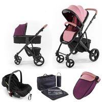 Tutti Bambini Riviera Plus Black Frame 3in1 Travel System-Dusty Pink/Plum (Pushchair + Carrycot + Car seat)