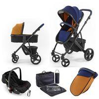 Tutti Bambini Riviera Plus Black Frame 3in1 Travel System-Midnight Blue/Tan (Pushchair + Carrycot + Car seat)