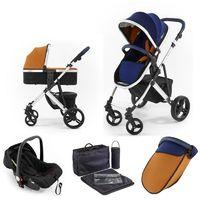 Tutti Bambini Riviera Plus Silver Frame 3in1 Travel System-Midnight Blue/Tan (Pushchair + Carrycot + Car seat)