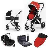 Tutti Bambini Riviera Plus Silver Frame 3in1 Travel System-Black/Coral Red (Pushchair + Carrycot + Car seat)