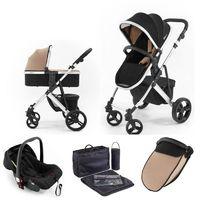 Tutti Bambini Riviera Plus Silver Frame 3in1 Travel System-Black/Taupe (Pushchair + Carrycot + Car seat)