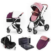 Tutti Bambini Riviera Plus Silver Frame 3in1 Travel System-Dusty Pink/Plum (Pushchair + Carrycot + Car seat)