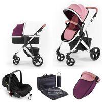 Tutti Bambini Riviera Plus White Frame 3in1 Travel System-Dusty Pink/Plum (Pushchair + Carrycot + Car seat)