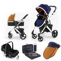 Tutti Bambini Riviera Plus White Frame 3in1 Travel System-Midnight Blue/Tan (Pushchair + Carrycot + Car seat)