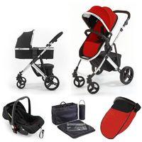 Tutti Bambini Riviera Plus Chrome Frame 3in1 Travel System-Black/Coral Red (Pushchair + Carrycot + Car seat)