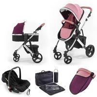 Tutti Bambini Riviera Plus Chrome Frame 3in1 Travel System-Dusty Pink/Plum (Pushchair + Carrycot + Car seat)