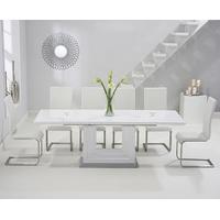 Tula 160cm White High Gloss Extending Dining Table with Ivory-White Malaga Chairs
