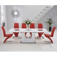 Tula 160cm White High Gloss Extending Dining Table with Red Hampstead Z Chairs