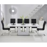 Tula 160cm White High Gloss Extending Dining Table with Black Malaga Chairs