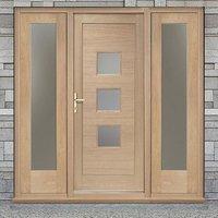Turin Exterior Oak Door and Frame Set with Two Side Screens and Obscure Double Glazing