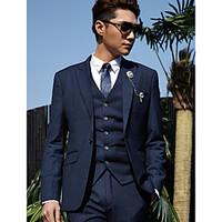 Tuxedos Tailored Fit Peak One-Button Cotton/Polyester Stripes 3 Pieces Dark Blue