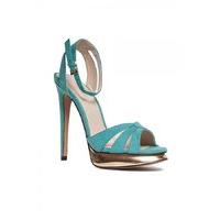 Turquoise Suede Peep Toe Gold Heeled Sandal