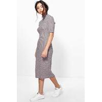 Turtle Neck Striped Rib Midi Dress - grey