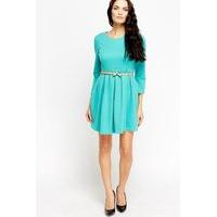 turquoise ribbed belted skater dress