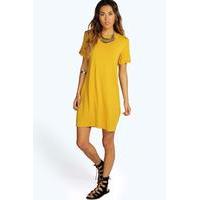 turn back cuff shift dress mustard