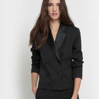 tuxedo style jacket with micro polka dot print