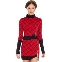 Turtle Neck Tartan Top in the style of Rita Ora - RED