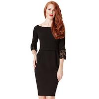 Tulip Midi Dress with Lace Sleeves - Black