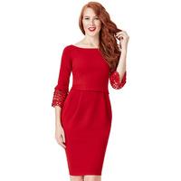 Tulip Midi Dress with Lace Sleeves - Red