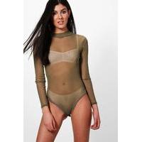 Turtle Neck All Over Mesh Body - khaki