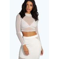 Turtle Neck All Over Mesh Crop - cream