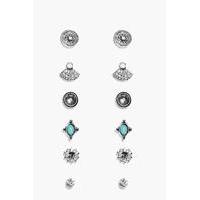 Turquoise Gemstone Stud 6 Earring Set - silver
