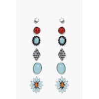 Turquoise Floral Stud Earring Set - silver