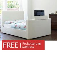 TV Beds Co New York 4FT 6 Double Leather TV Bed - White - Free 4FT 6 Sorrento Mattress
