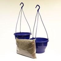 two dark blue hanging baskets and compost kit