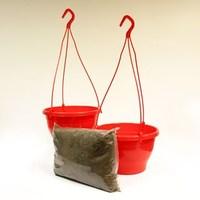 two red hanging baskets and compost kit