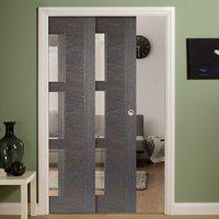 twin telescopic pocket zeus ash grey doors clear glass prefinished