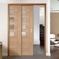 Twin Telescopic Pocket Palermo Oak Veneer Door - 4 Panes of Obscure Glass