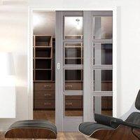 Twin Telescopic Pocket Light Grey Vancouver Doors - Clear Glass - Prefinished